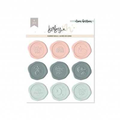 Conjunto de 8 selos de borracha multicoloridos com desenhos e frases em embalagem branca