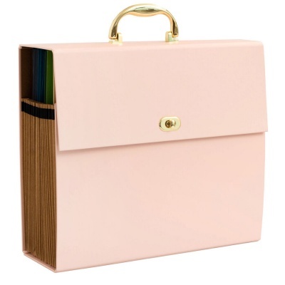 Pasta expansível rosa com alça dourada e fecho