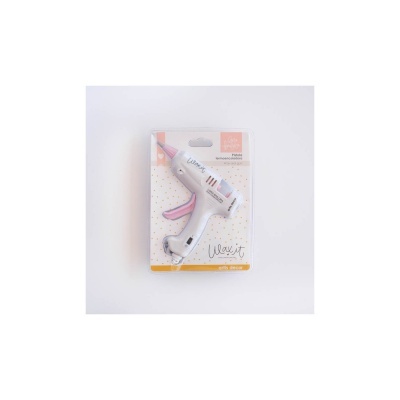 Pistola de cola quente branca com detalhes rosa na embalagem