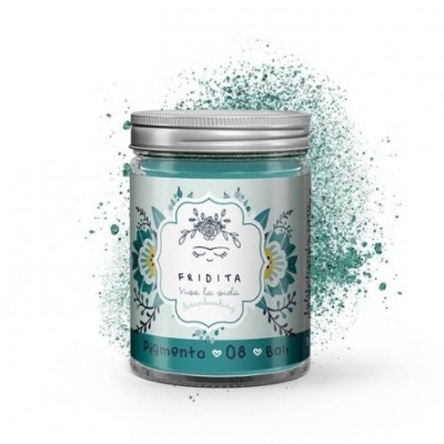 Frasco de pigmento azul com rótulo floral e tampa metálica