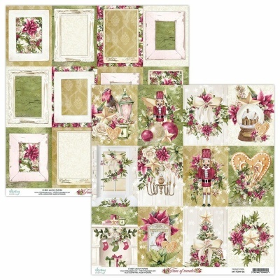Papel decorativo scrapbooking com motivos natalícios em verde, creme e rosa