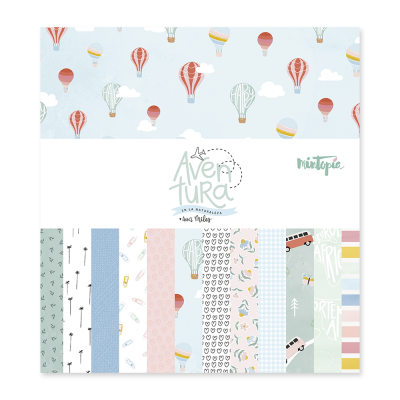 Conjunto de papéis decorativos com padrões coloridos e embalamento com texto Aventura e Minitopia