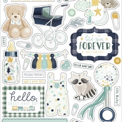 Adesivos de chipboard infantis com temas de bebé e textos em inglês