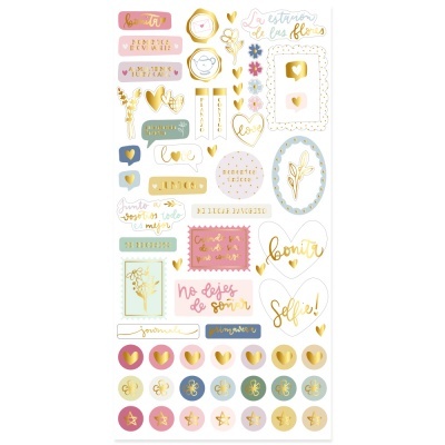 Folha de autocolantes decorativos coloridos com textos em espanhol e motivos florais e de corações