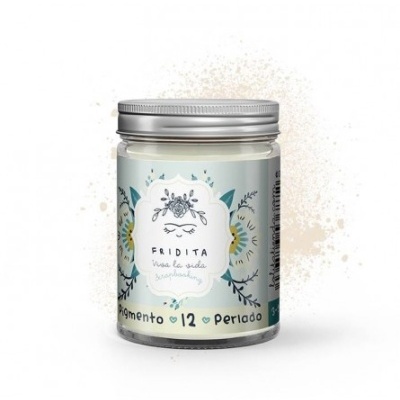 Frasco de vidro com rótulo colorido e tampa metálica