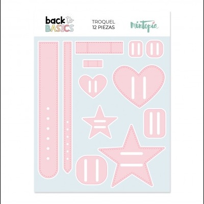 Conjunto de recortes de papel rosa com formas de estrelas, corações e tiras, com texto 'back to BASICS', 'TROQUEL 12 PIEZAS' e 'mintopia'