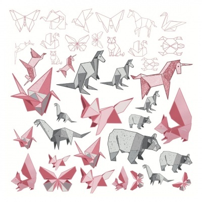 Figuras de origami de animais em cinza e rosa com formas geométricas