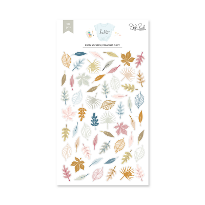 Folhas coloridas decorativas em vários padrões e formatos num cartaz branco