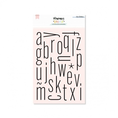 Folha de autocolantes com letras do alfabeto em cor preta e fundo rosa claro
