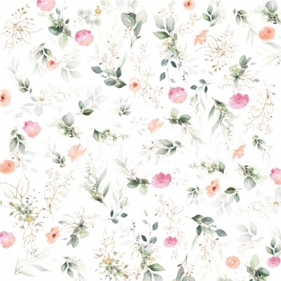 Padrão floral delicado com flores rosa e folhas verdes em fundo branco