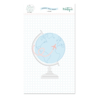 Autocolante de globo terrestre azul com avião cor-de-rosa e coração, fundo branco com quadrícula azul.