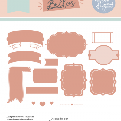 Conjunto de troqueles em diferentes formatos e etiquetas em tom rosa claro