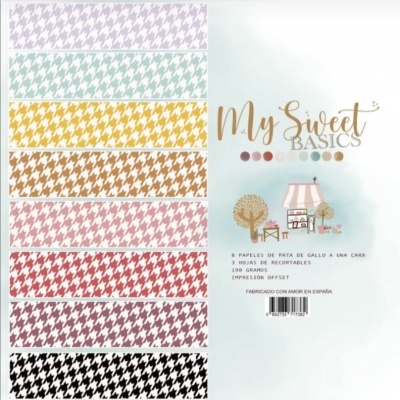 Conjunto de papéis pata de galo em várias cores com texto 'My Sweet BASICS' e ilustração de banca e árvores