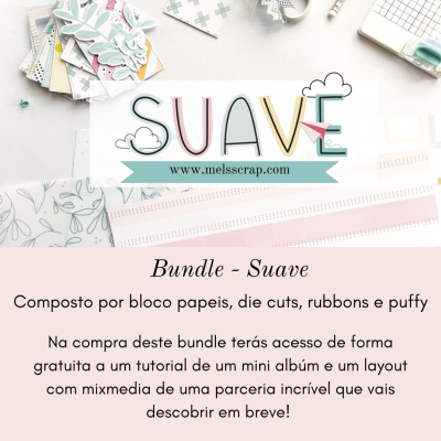 Materiais para scrapbooking com blocos de papel, die cuts, fitas e puffy, texto informativo em português