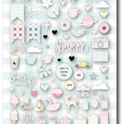 Stickers em relevo coloridos em tons pastel com temas diversos sobre fundo azul claro e branco às riscas.