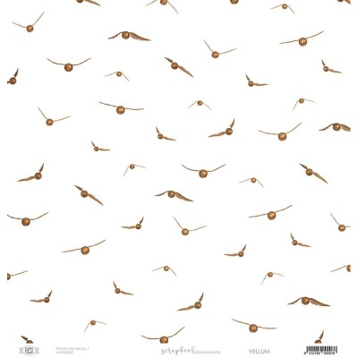 Papel de parede ou tecido com padrão de discos castanhos com asas em fundo branco.