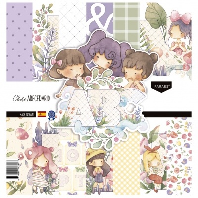 Papel decorativo com ilustrações de meninas, flores, padrões e letras do alfabeto.