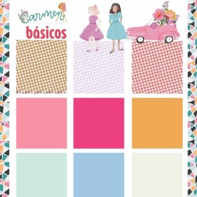 Amostras de padrões e cores em tons pastéis e vibrantes com ilustrações e texto