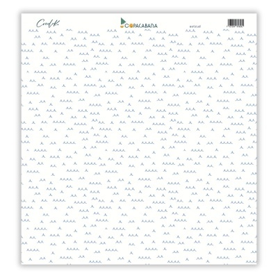 Papel decorativo com padrão de ondas azuis e logótipo Cadernos Copacabana