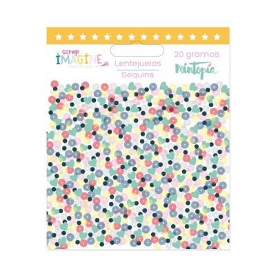 Pacote de lantejoulas multicoloridas em embalagem branca com texto colorido