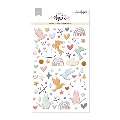 Pacote de autocolantes coloridos com figuras de pássaros, corações, nuvens, estrelas e arco-íris