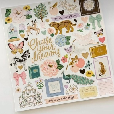 Folha de autocolantes decorativos com flores, animais e frases em inglês