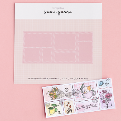 Conjunto de postais perfurados com desenhos coloridos e texto 