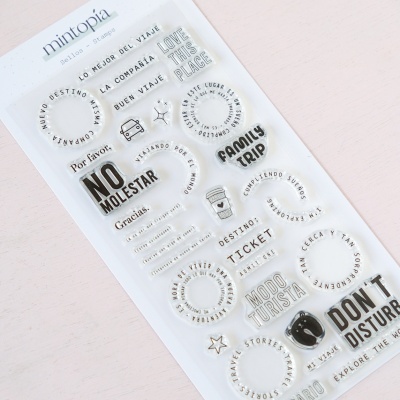 Adesivos transparentes para carimbo com frases e ícones de viagem em preto