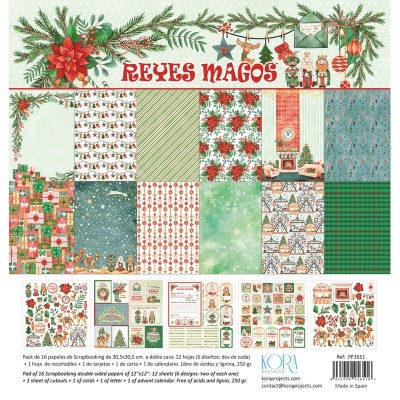 Papéis de scrapbooking temáticos de Reis Magos com padrões natalícios coloridos