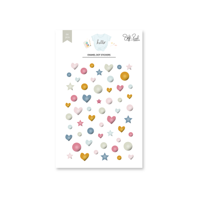 Folha de autocolantes coloridos com formas de bolinhas, corações e estrelas.