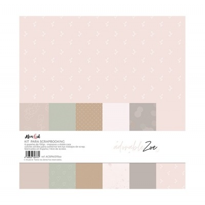 Kit para scrapbooking com 6 folhas decoradas em tons suaves e padrões delicados