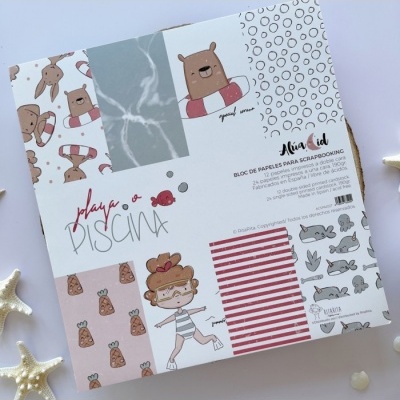 Bloco de papéis para scrapbook com estampados de ursos, rapariga, bolhas e padrões riscado e com animais