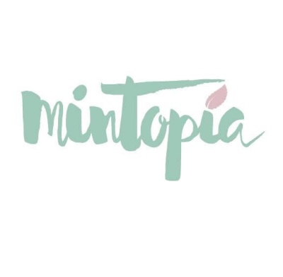 Logótipo da marca mintopia em verde água com folha cor-de-rosa