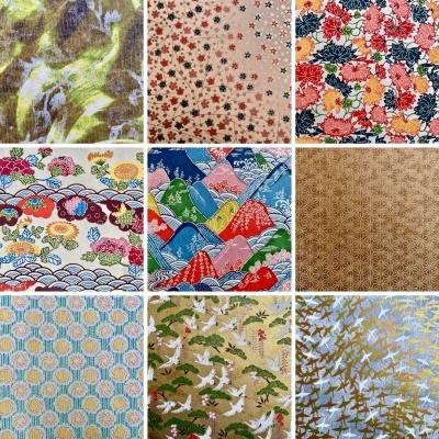 Nove quadrados de tecidos coloridos com diferentes padrões florais, de montanhas e aves, dispostos em grade.