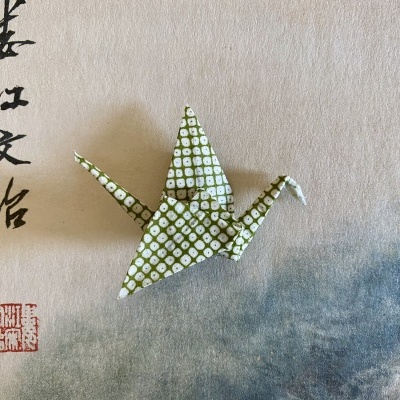 Origami de pássaro em papel com padrão verde sobre papel com escrita chinesa.