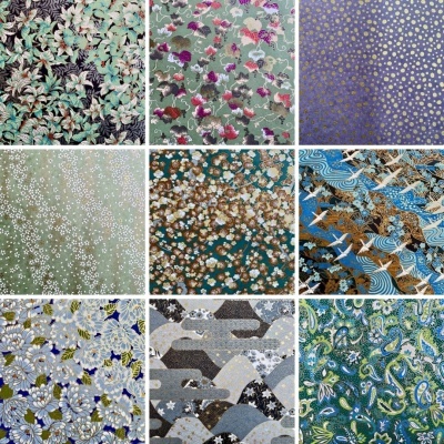 Conjunto de nove padrões de tecidos com flores, folhas, aves e padrões geométricos em várias cores e texturas.