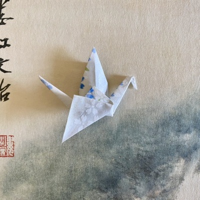 Avion origami floral em papel sobre fundo com caligrafia chinesa