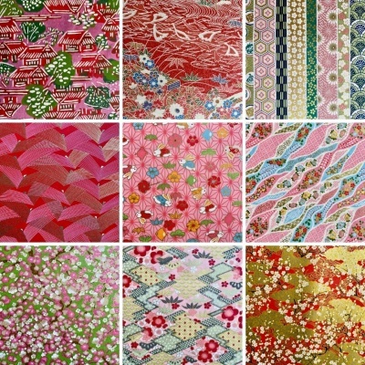 Nove padrões de tecido asiático coloridos com motivos florais e geométricos
