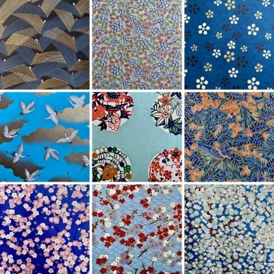 Nove padrões de tecido com flores e aves em várias cores e estilos