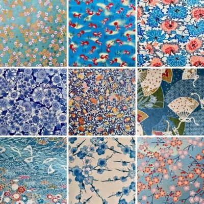 Nove padrões de tecidos com temas florais e naturais em várias cores