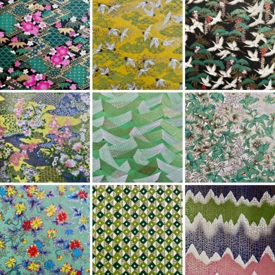 Nove padrões variados de tecido com flores, aves e formas geométricas em várias cores.