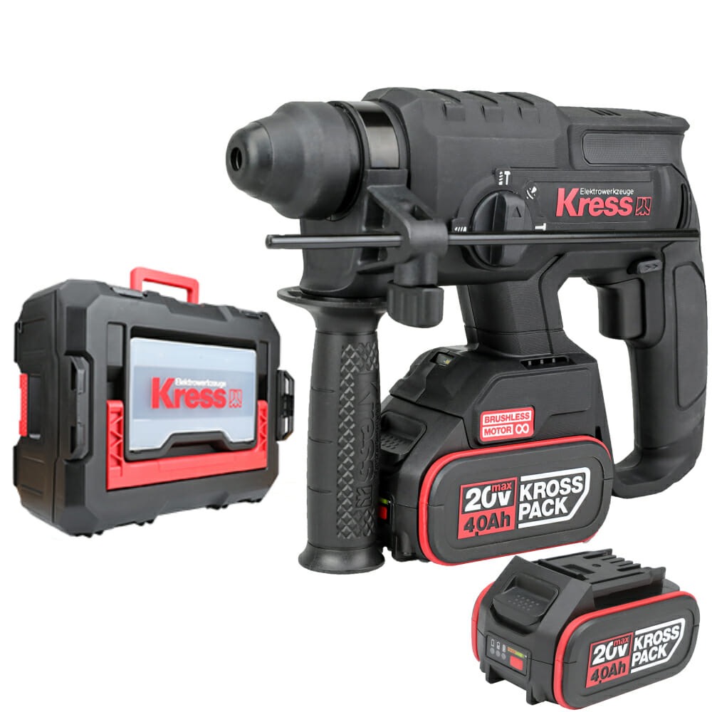 Martelo Perfurador a Bateria 20V Brushless Kress SDS-plus KUC60 Martelo perfurador sem fio Kress preto com mala e bateria vermelha e preta