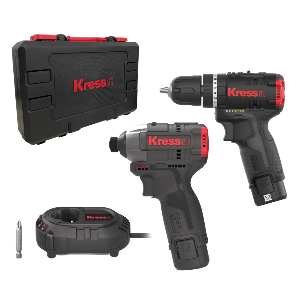 Kit Kress 12V Brushless – Berbequim de Percussão KUC12 + Aparafusadora de Impacto KUB50.2 Conjunto de ferramentas Kress preto e vermelho com mala, furadeira e parafusadora.