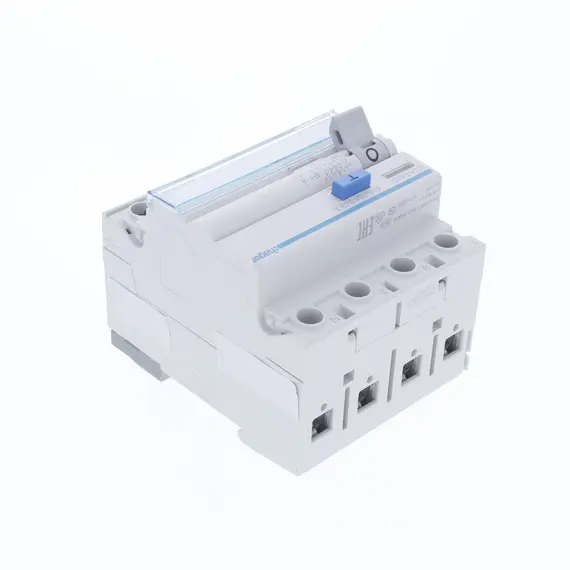 HAGER CDA440D – Interruptor Diferencial 4P 40 A | 30 mA Tipo A Disjuntor térmico branco com botão azul e tampa transparente
