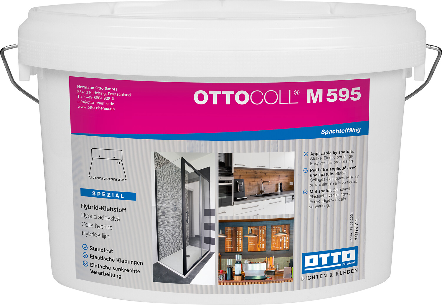 OTTOCOLL® M 595 Embalagem branca de cola adesiva híbrida OTTOCOLL M 595 com rótulo colorido e imagens de aplicação doméstica