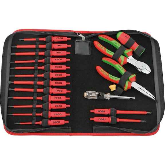 Jogo RECA MULTI de Chaves VDE 19 peças Conjunto de ferramentas em bolsa preta com chaves isoladas vermelhas marca reca e alicates coloridos