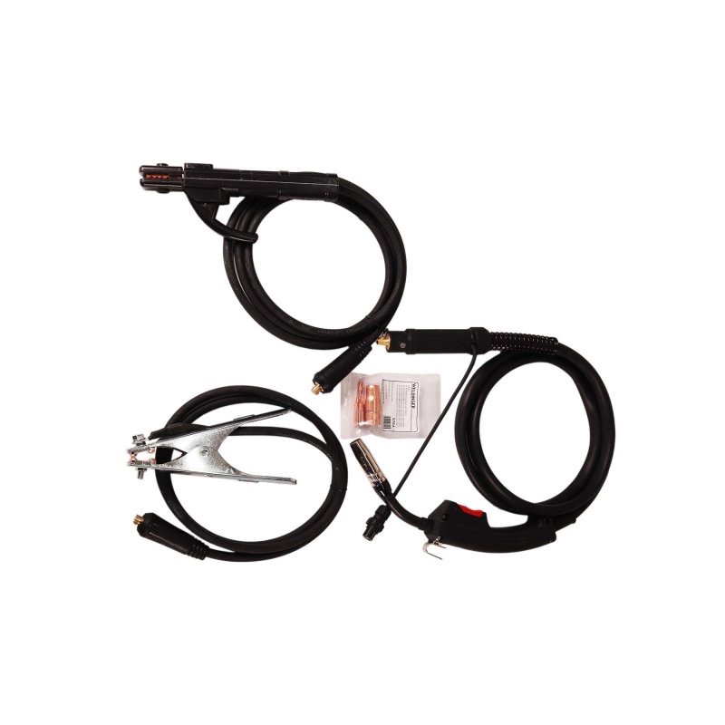 WELDINGER ME 130 mini FLUX – Equipamento de Soldadura Fio Fluxado e Eletrodo Conjunto de cabos de soldagem preto com acessórios em fundo branco