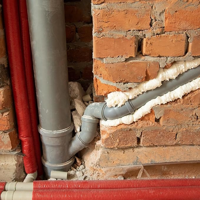 ESPUMA DE POÇOS S24 RECA | Vedação resistente para zonas húmidas Tubos hidráulicos cinzentos e vermelhos na parede de tijolos com isolamento de espuma branca