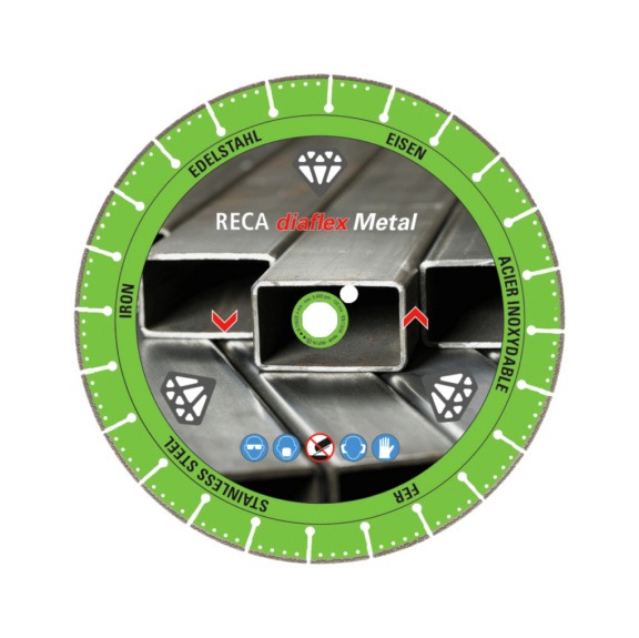Kit RECA Rebarbadora AG 22-230 com 4 Discos de Corte de Diamante Disco de corte circular verde para metal com texto e ícones de segurança