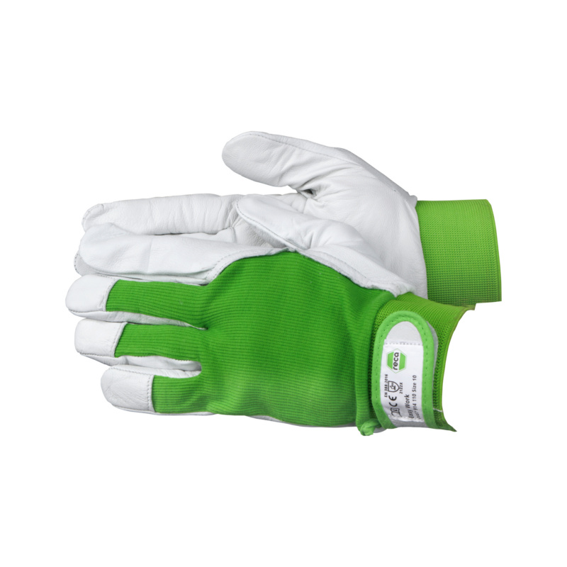 RECA Easy Work Par de luvas verdes e brancas com etiqueta técnica